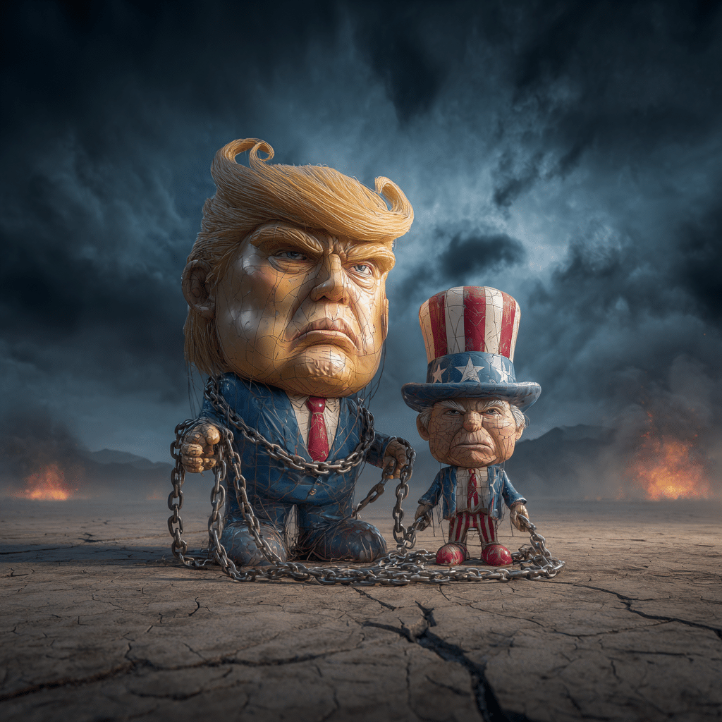 Two exaggerated male political caricatures in suits sit chained by heavy metal links on a cracked, desolate plain beneath a dark, stormy sky.