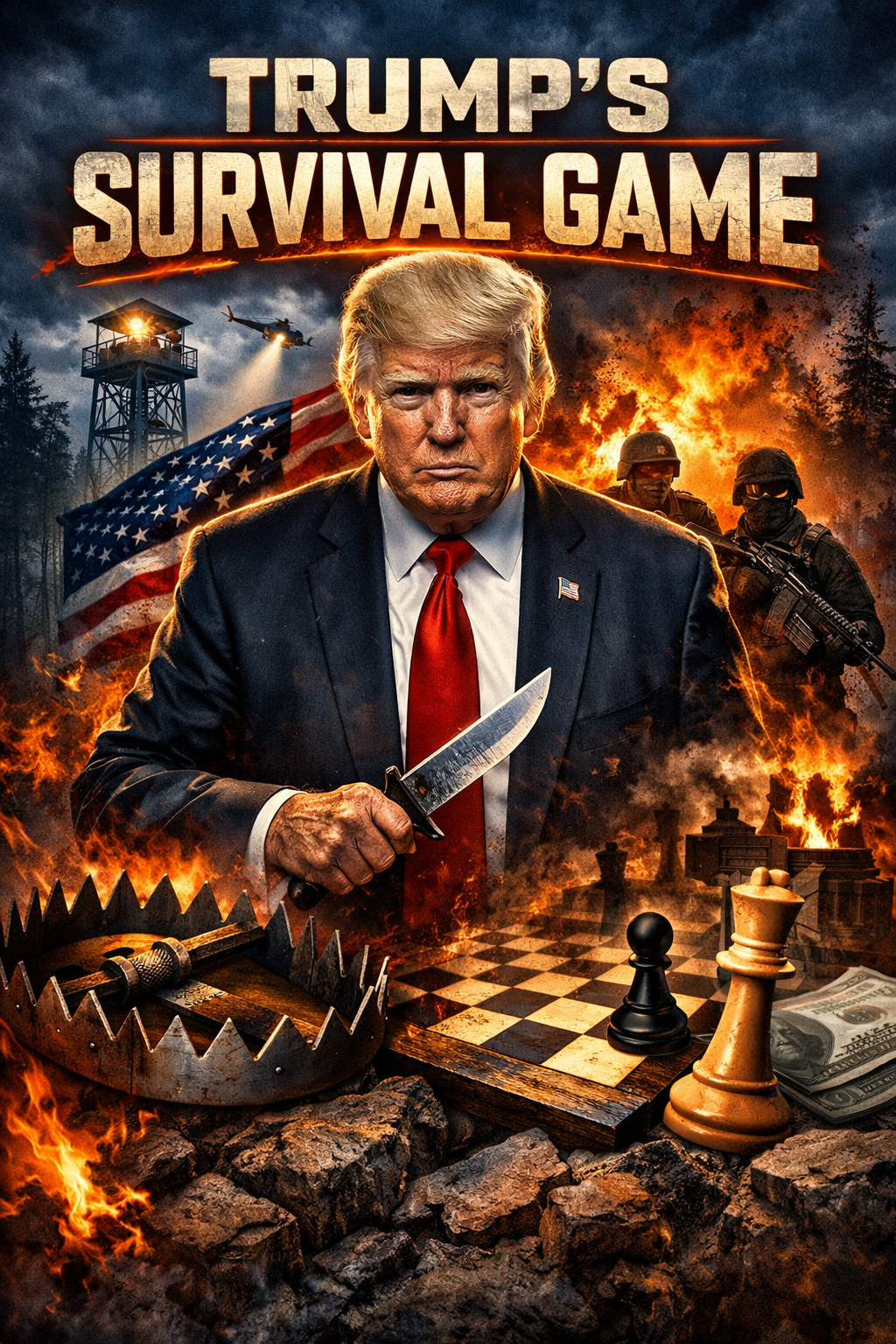 A man in a dark suit and red tie brandishes a knife amid a fiery battlefield, with soldiers, an American flag, a burning landscape, and a chessboard in the foreground; bold text reads 'TRUMP'S SURVIVAL GAME' at the top (political satire poster). Read as a provocative political illustration about conflict and power.