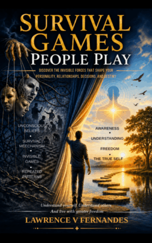Book cover: 'Survival Games People Play' by Lawrence V Fernandes, showing a man stepping through a curtain toward a glowing silhouette; left side features masks and chains, right side a sunlit path at sunset.