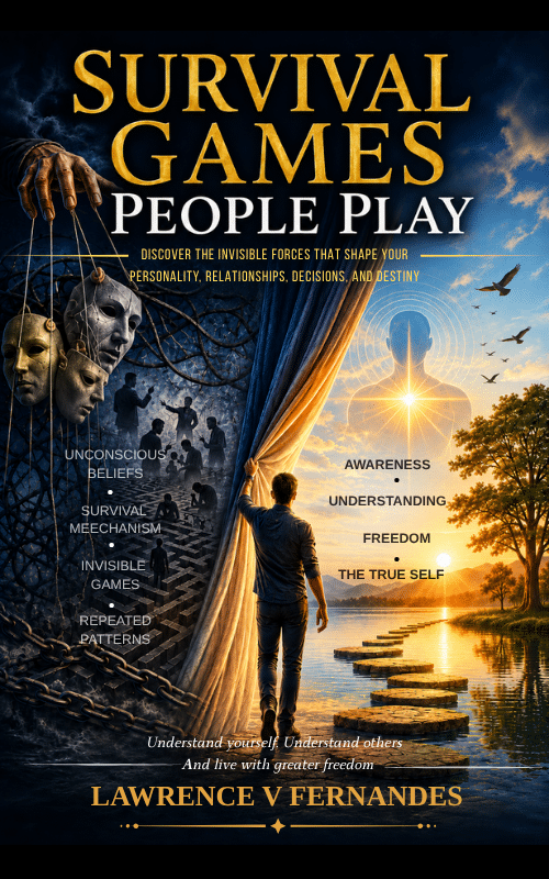 Book cover: 'Survival Games People Play' by Lawrence V Fernandes, showing a man stepping through a curtain toward a glowing silhouette; left side features masks and chains, right side a sunlit path at sunset.
