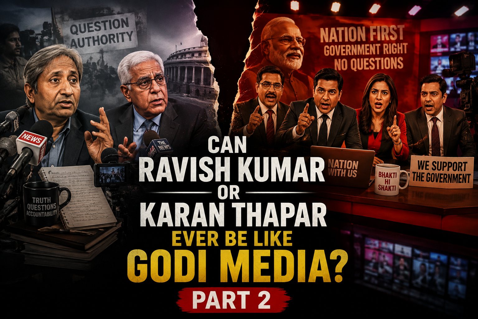 Collage of journalists at microphones on opposite sides with a torn background and bold central title about media bias, Part 2.