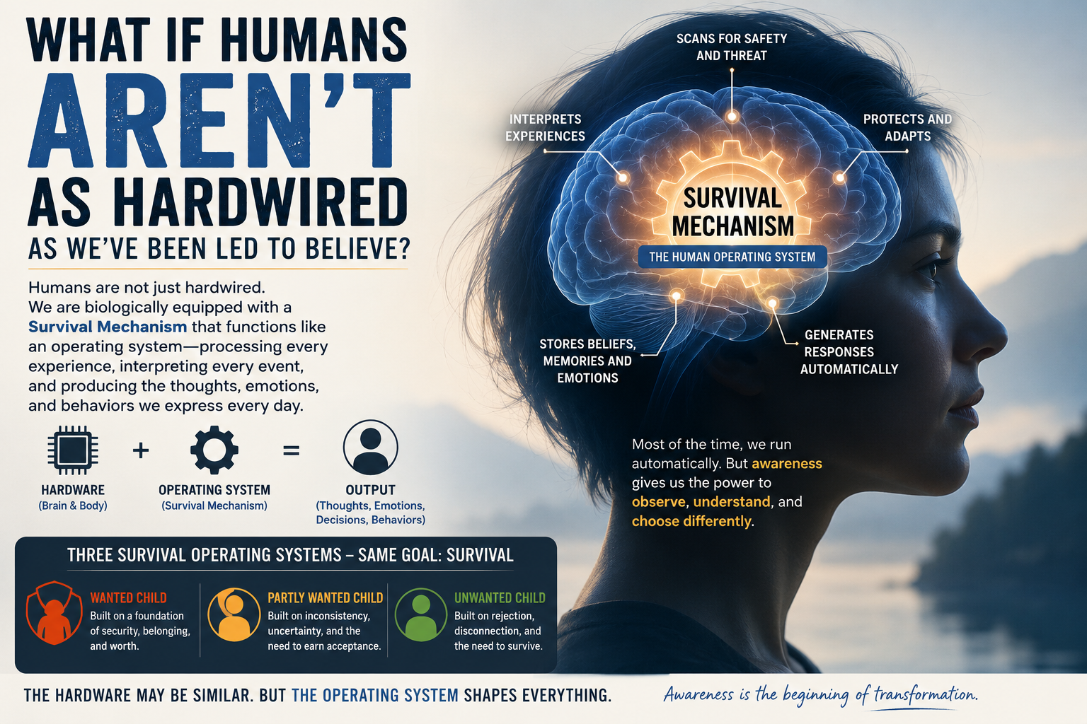Infographic about the brain as a 'survival mechanism' with labeled highlights on how the mind processes experiences, memories, and emotions; emphasizes awareness and transformation.