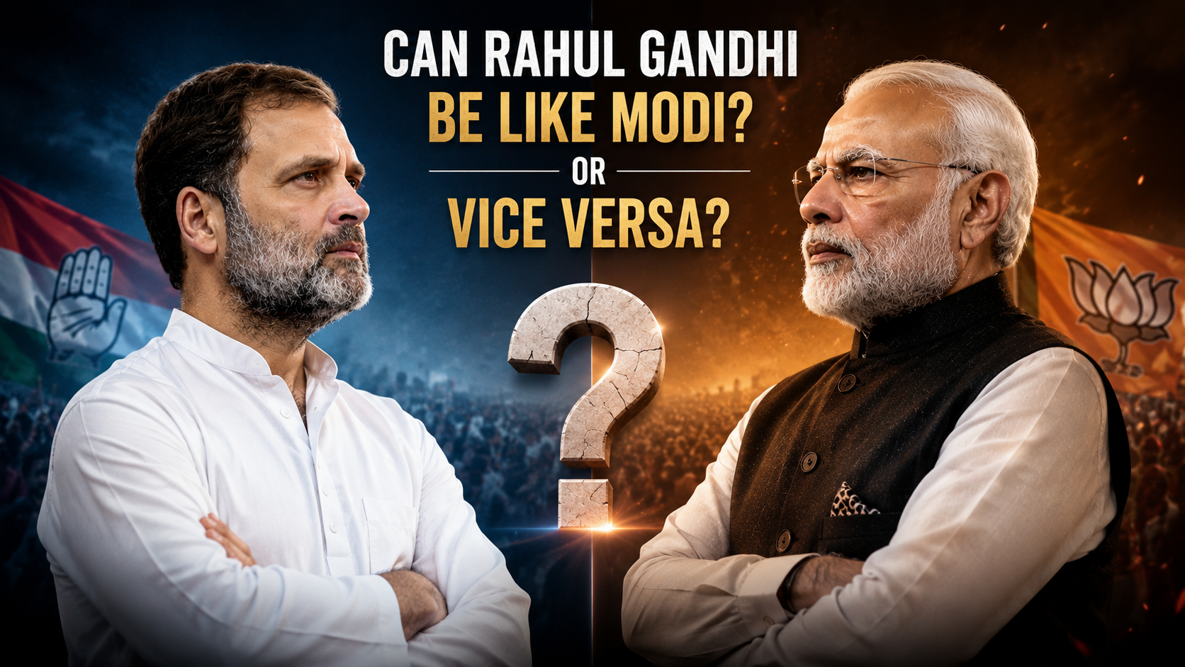 Rahul Gandhi vs Modi 2 Two men facing each other with a cracked question mark between them, headline asks if Rahul Gandhi can be like Modi or vice versa, political debate thumbnail.