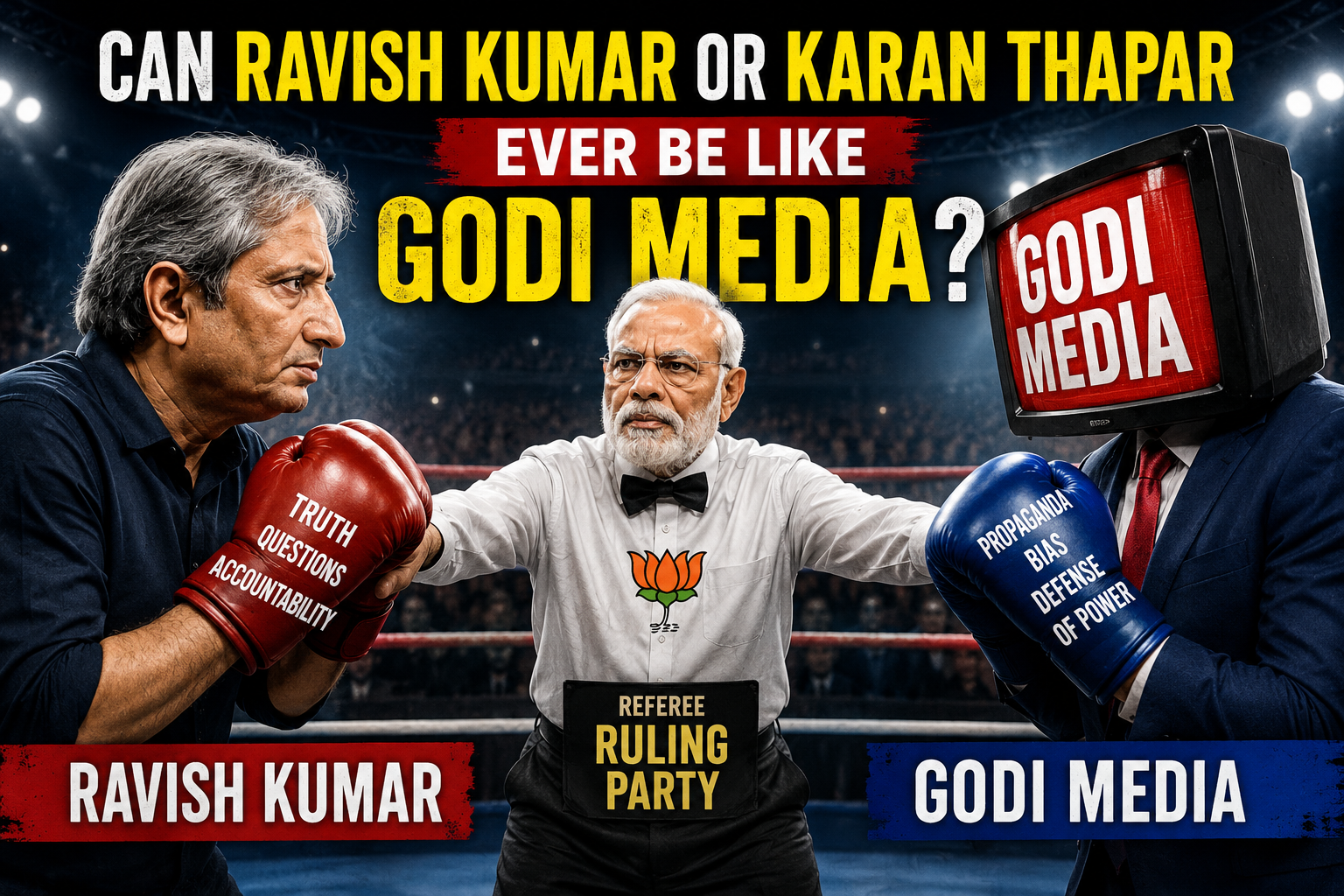 Ravish Boxing Satirical boxing poster showing Ravish Kumar on the left and Godi Media on the right (TV-headed figure), with a referee in the center and bold captions about truth, questions, accountability vs propaganda, bias, defense of power.