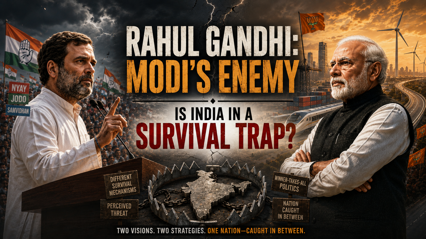 A split political poster showing Rahul Gandhi speaking at a podium on the left and Narendra Modi on the right, with bold headline 'Rahul Gandhi: Modi's Enemy Is India in a Survival Trap?' and stormy, industrial imagery in the background.